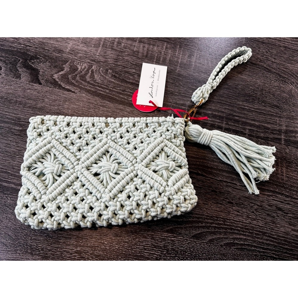 London Kaye Macrame Wristlet Clutch Bag, Tassel, Seafoam Green, Boho Chic NEW